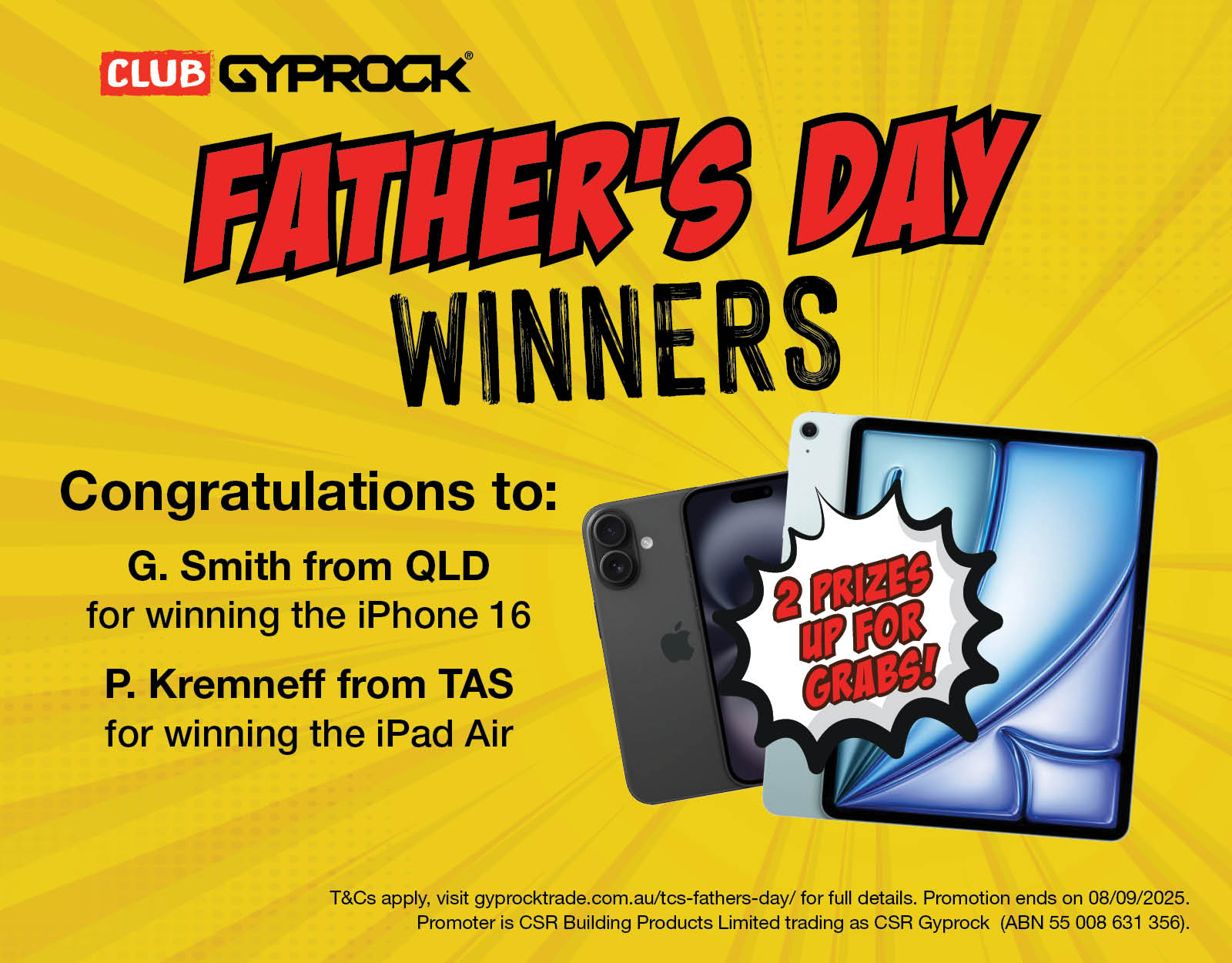 Gyprock Trade Centre - Club Gyprock Fathers Day Promotion Winners Mobile Banner